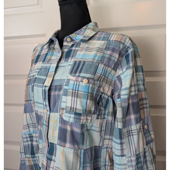 LL Bean Size L Patchwork Madras Plaid Button Down Blouse Cotton Boho Preppy - Picture 1 of 14